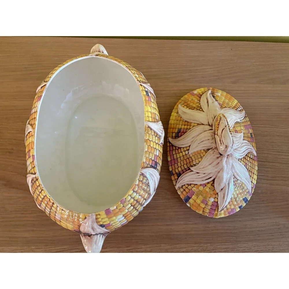 Vintage Ceramic Corn Shaped Covered Casserole Dish Tureen  Mid Century